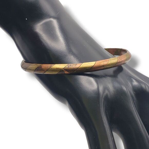Brass Copper Alternating Stripes Thin Bangle Vintage Bracelet Mixed Metal - Picture 1 of 8